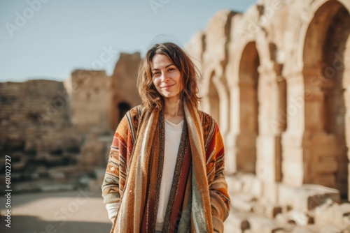 Beautiful young woman in the ancient city of Ephesus, Turkey