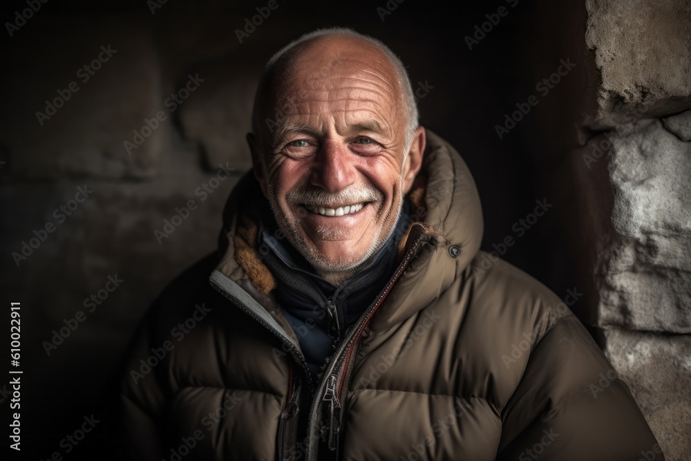 Portrait of a smiling senior man in winter jacket against brick wall