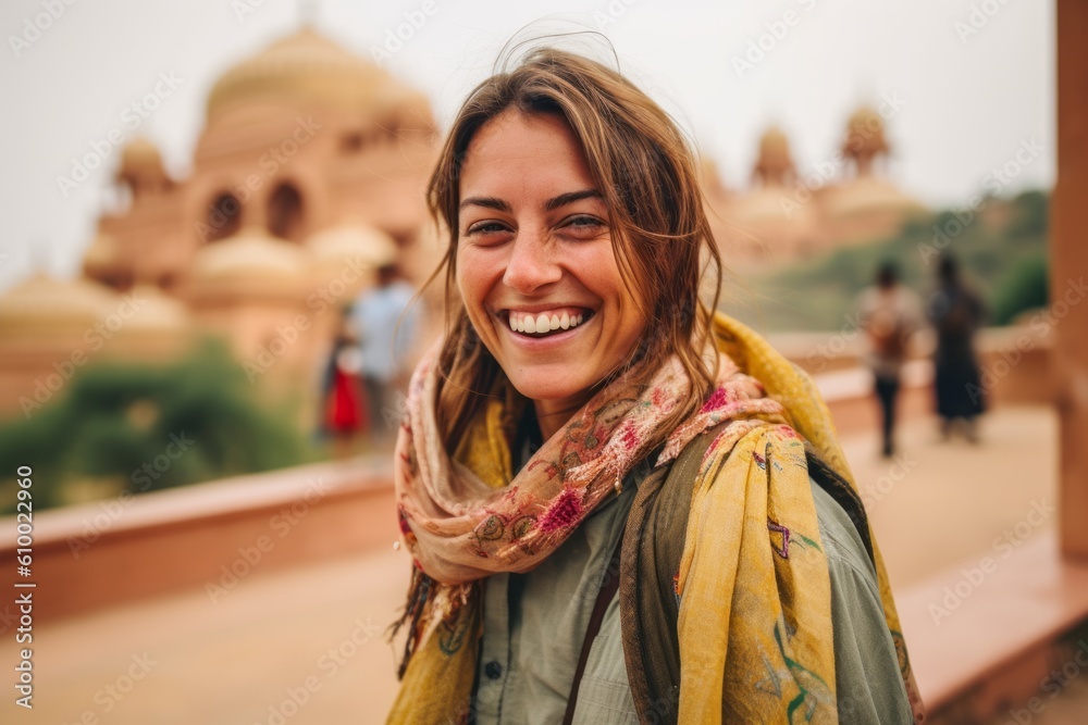 Lifestyle portrait photography of a grinning woman in her 30s that is smiling with friends at the Amber Fort in Jaipur India . Generative AI