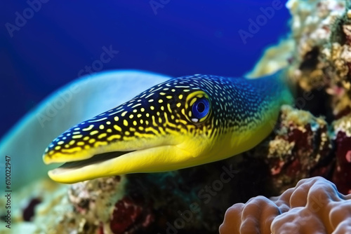 Ribbon moray eel fish reef tropical sea background. AI