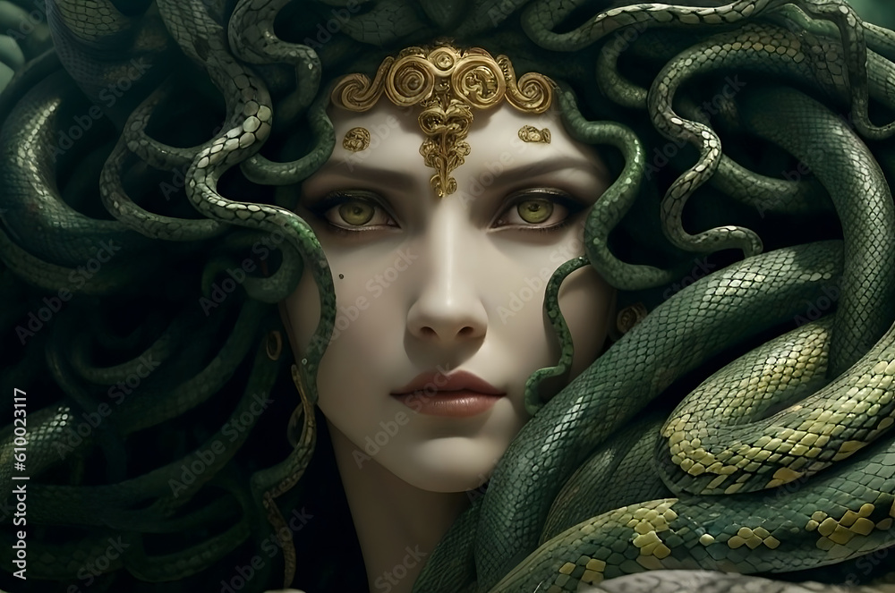 Mesmerizing Medusa: Hyperrealistic Gaze of the Serpent-haired Gorgon. Captivating and powerful stock photo. #Medusa #Gorgon #Mythical #Mesmerizing generative-AI