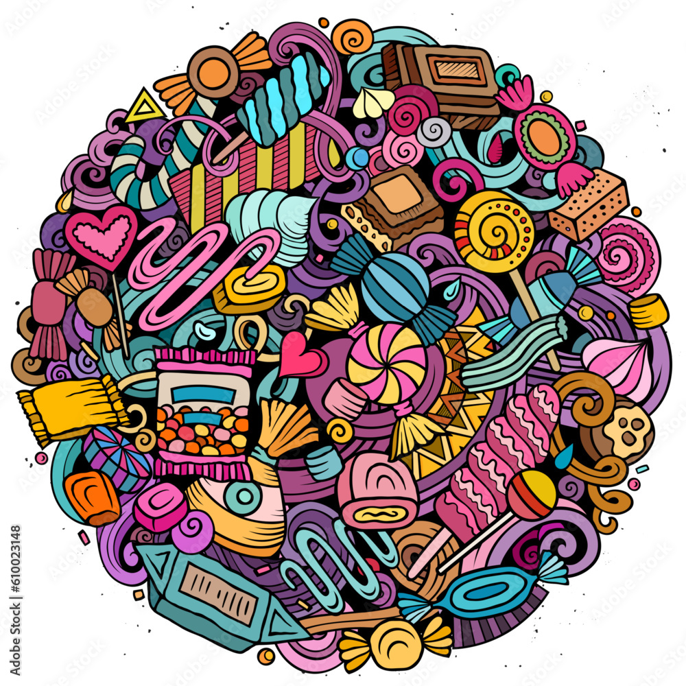 Naklejka premium Sweet Candies cartoon vector doodle round illustration.