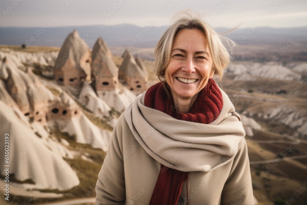 Tourist enjoying the view of Cappadocia in Turkey Tourist enjoying the view of Cappadocia in Turkey