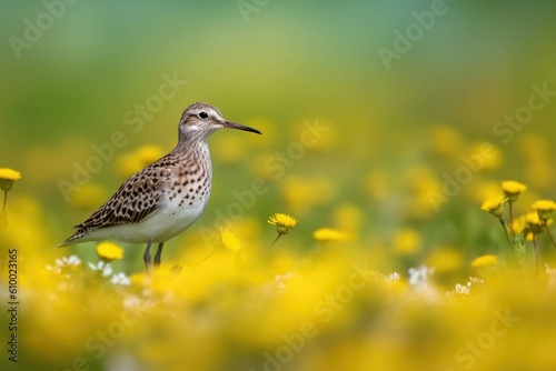 Wildlife bird sandpiper on a field of flowers, background wallpaper. AI photo
