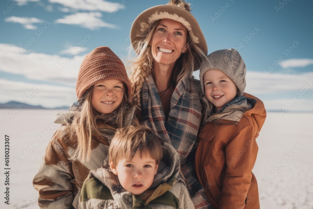Portrait of happy mother and her children looking at camera in winter