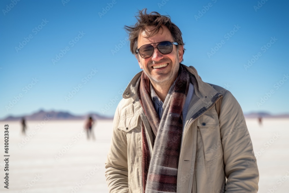 Group portrait photography of a satisfied man in his 40s that is wearing a chic cardigan at the Salar de Uyuni in Potosi Bolivia . Generative AI Group portrait photography of a satisfied man in his 40s that is wearing a chic cardigan at the Salar de Uyuni in Potosi Bolivia . Generative AI