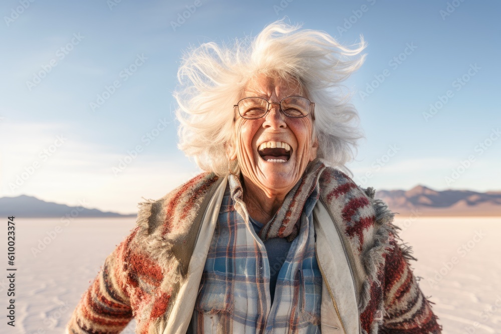 Lifestyle portrait photography of a grinning woman in her 70s that is wearing a denim jacket at the Salar de Uyuni in Potosi Bolivia . Generative AI