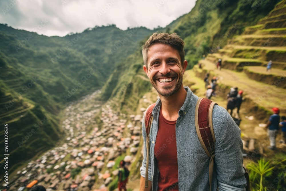 Handsome young man with backpack standing on top of a mountain and smiling at camera