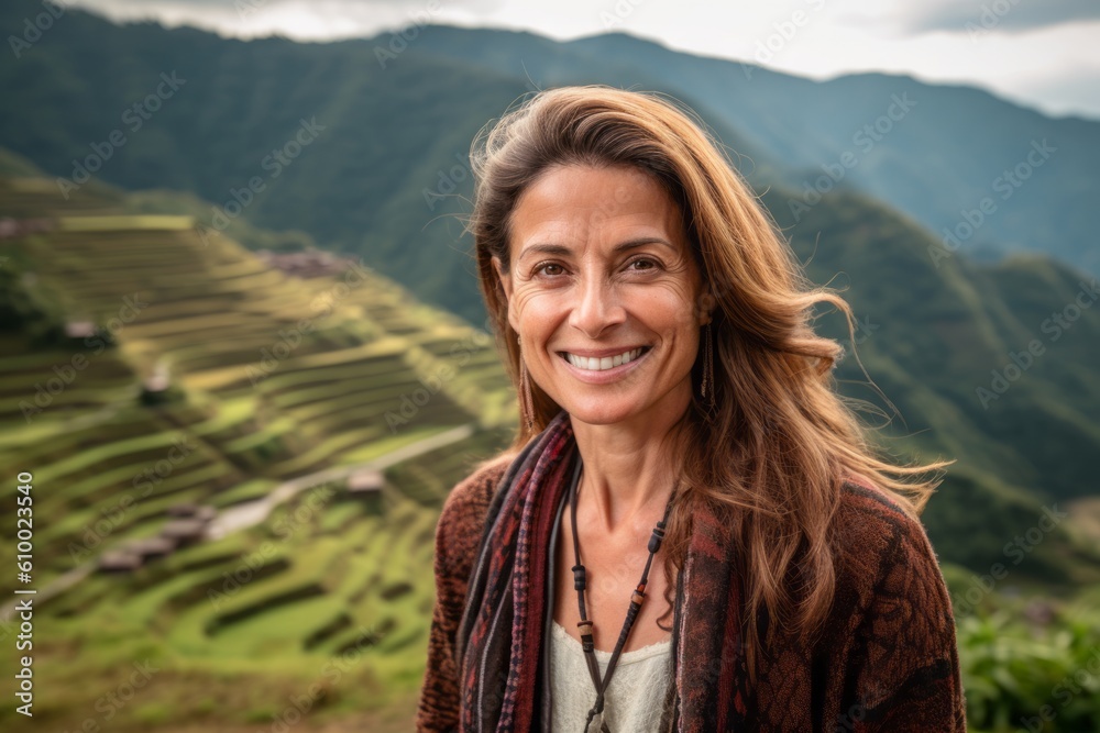 Portrait of a smiling middle-aged woman on the terraced rice field in the mountains Portrait of a smiling middle-aged woman on the terraced rice field in the mountains