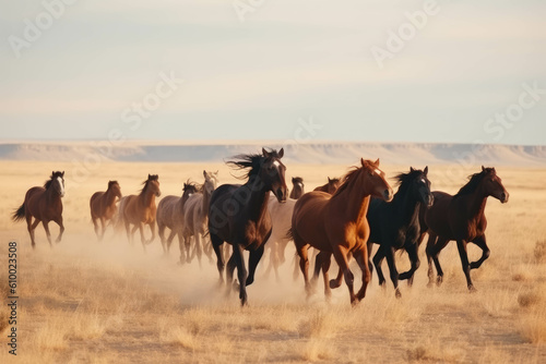 Horses running across the steppe  dynamic freedom herd. AI