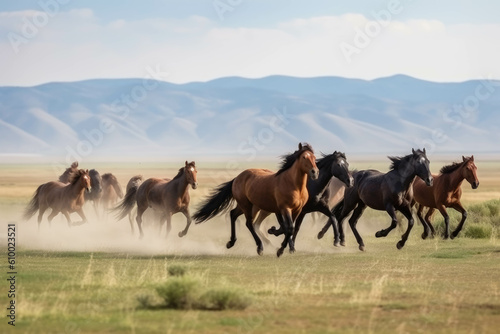Horses running across the steppe, dynamic freedom herd. AI