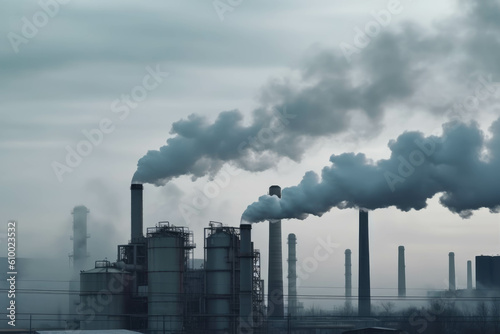 Factory pipe smoke background gray abstract, co2 pollution. AI