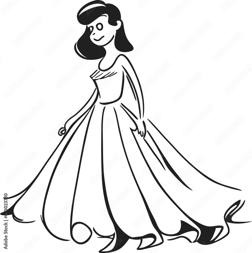 Beautiful girl in a long dress. Black and white illustration. Generative AI Beautiful girl in a long dress. Black and white illustration. Generative AI