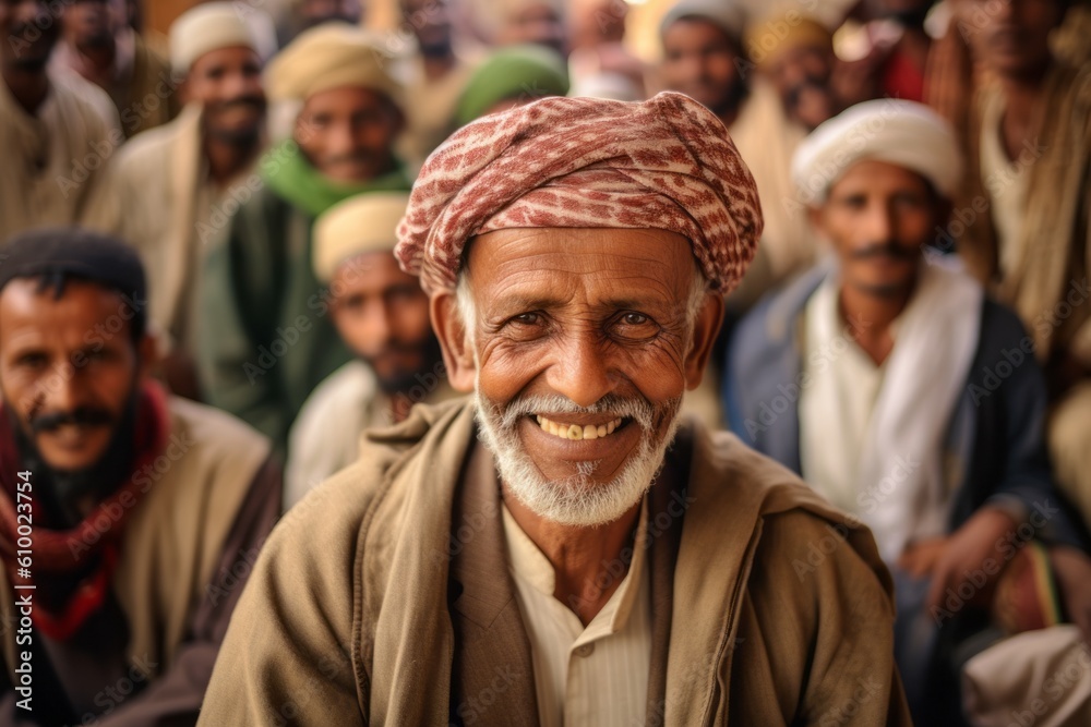Group portrait photography of a grinning man in his 70s that is with the family at the Socotra Island in Yemen . Generative AI