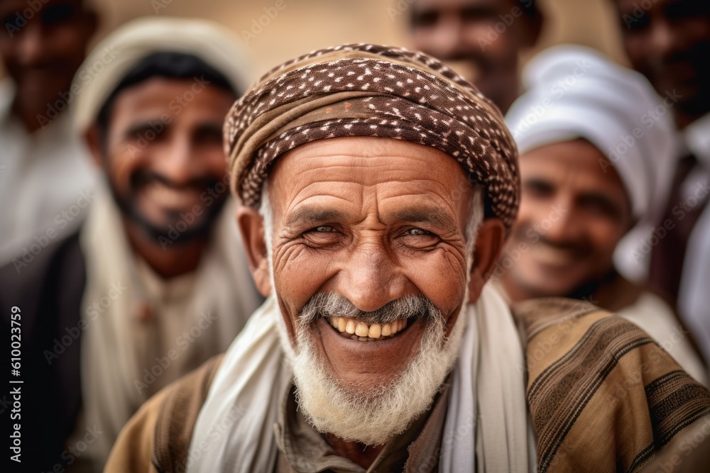 Group portrait photography of a satisfied man in his 50s that is smiling with friends at the Socotra Island in Yemen . Generative AI