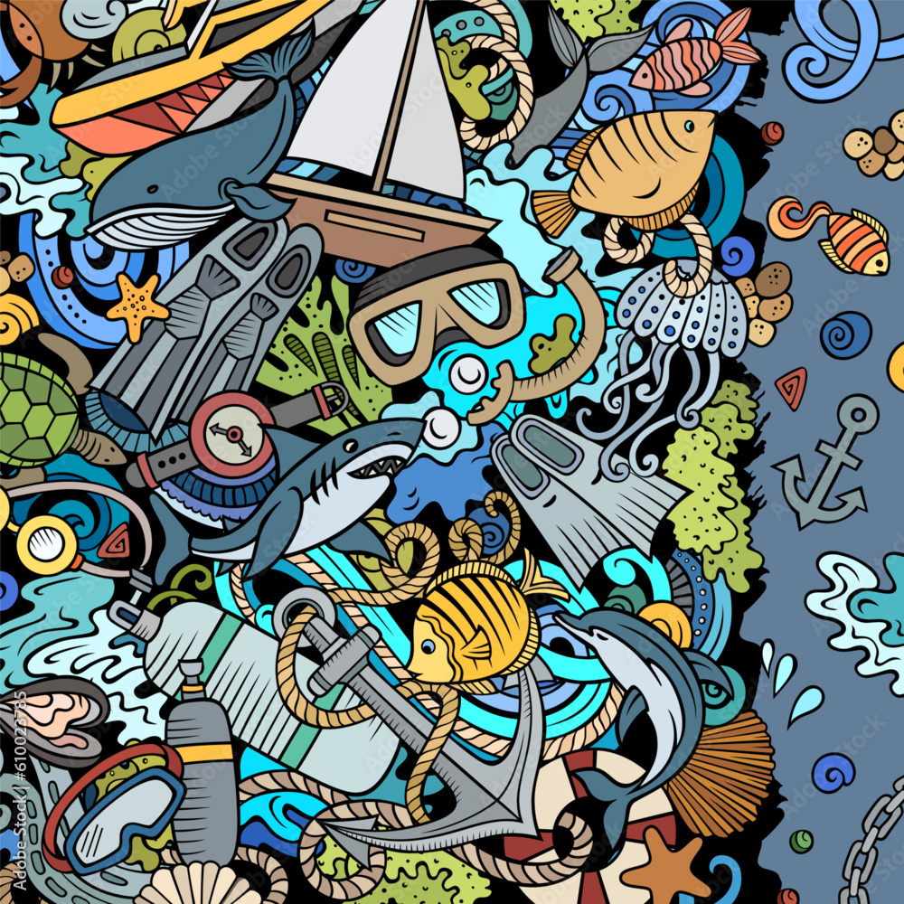 Fototapeta premium Diving cartoon vector doodles frame design.