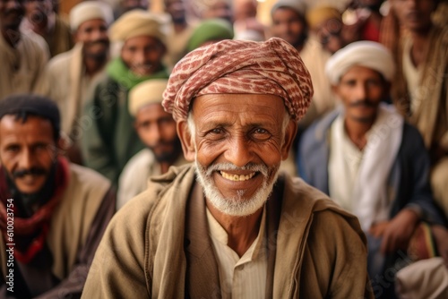 Group portrait photography of a grinning man in his 70s that is with the family at the Socotra Island in Yemen . Generative AI