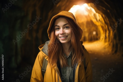 Portrait of a young woman in a yellow jacket with a backpack in a dark tunnel © Anne Schaum