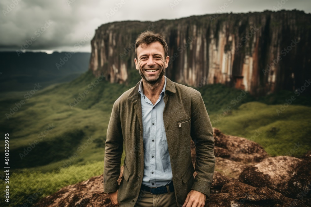 Handsome man in casual clothes is standing on the edge of the cliff and smiling at camera. Handsome man in casual clothes is standing on the edge of the cliff and smiling at camera.