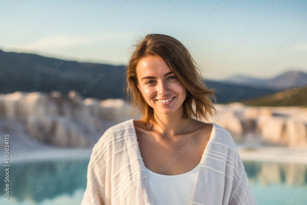 Portrait of a beautiful young woman in white dress smiling at the camera while standing in front of a swimming pool in Pamukkale, Turkey