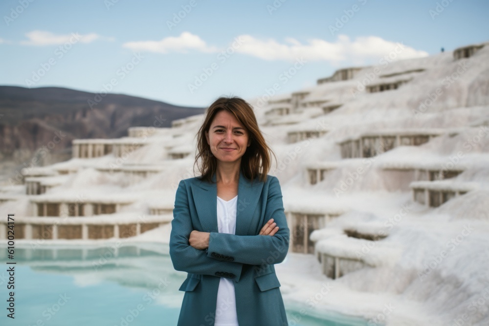 Group portrait photography of a satisfied woman in her 40s that is wearing a sleek suit at the Pamukkale in Denizli Turkey . Generative AI