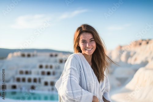 Portrait of a beautiful young woman in white bathrobe on the background of the caldera of Pamukkale, Turkey