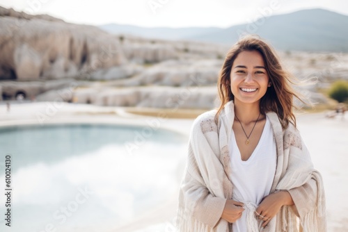 Lifestyle portrait photography of a pleased woman in her 30s that is wearing a chic cardigan at the Pamukkale in Denizli Turkey . Generative AI
