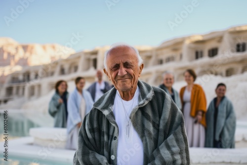 Group portrait photography of a satisfied man in his 70s that is wearing a chic cardigan at the Pamukkale in Denizli Turkey . Generative AI © Anne Schaum