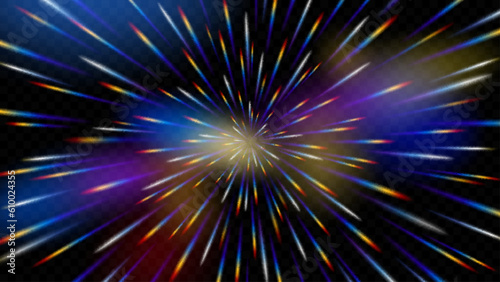 Abstract radial rays on Transparent Background. Velocity of light, Warp Speed, Hyperspace or Fireworks. Vector Illustration.