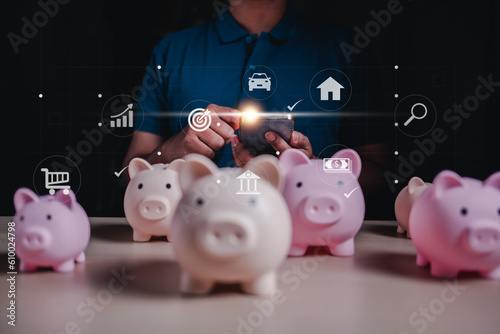 piggy bank, financial, banking, finance, investment, profit, money, wealth, asset, currency. touching at smartphone for checking to my asset of my investment and take benefit. financial finance wealth