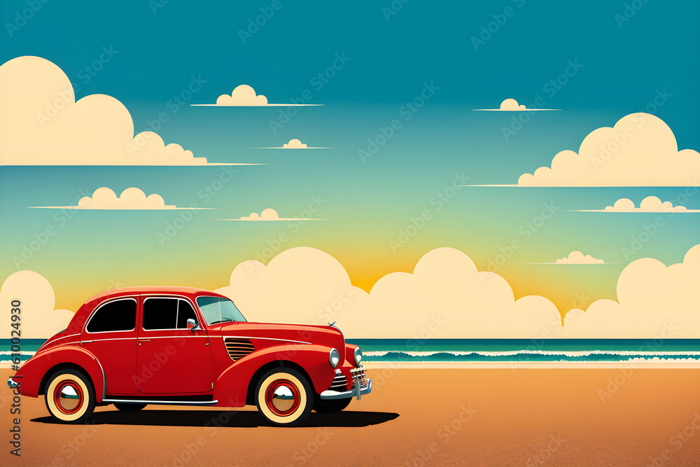 Vintage Beach Drive - Retro Car Illustration in a Nostalgic Style. Created with Generative AI.