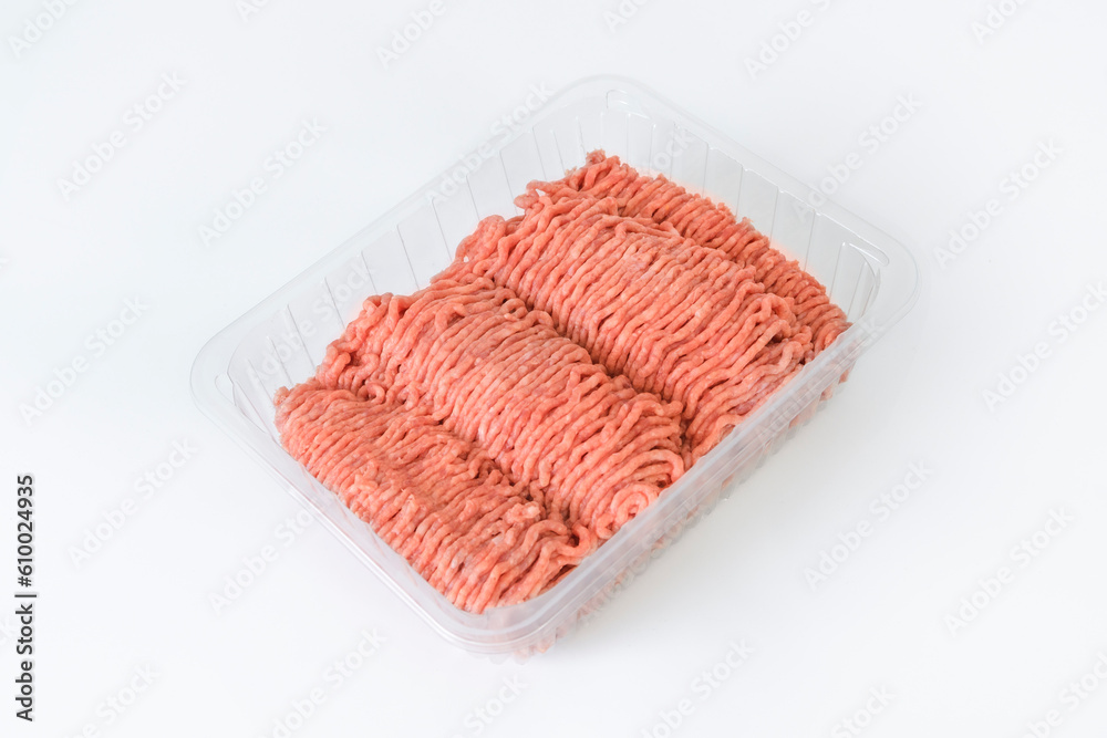 Minced pork in store-bought plastic transparent packaging Minced pork in store-bought plastic transparent packaging