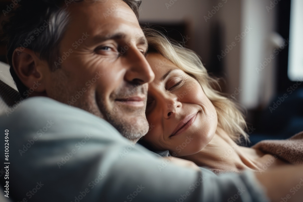 Happy middle-aged couple hugging on the couch. Photorealistic illustration generative AI. Happy middle-aged couple hugging on the couch. Photorealistic illustration generative AI.