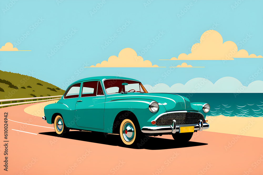 Retro car on the beach. Illustration in retro style generative ai.