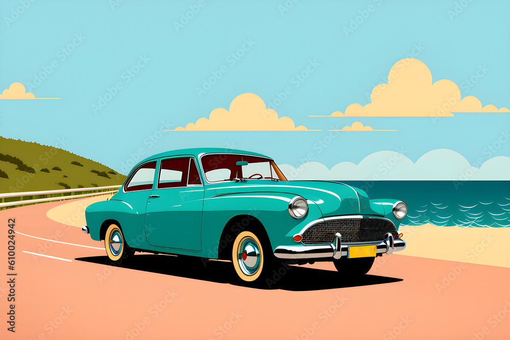 Retro car on the beach. Illustration in retro style generative ai. Retro car on the beach. Illustration in retro style generative ai.