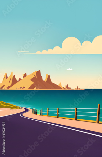 Coastal Road and Mountains - A Beautiful Seascape Illustration Created with Generative AI