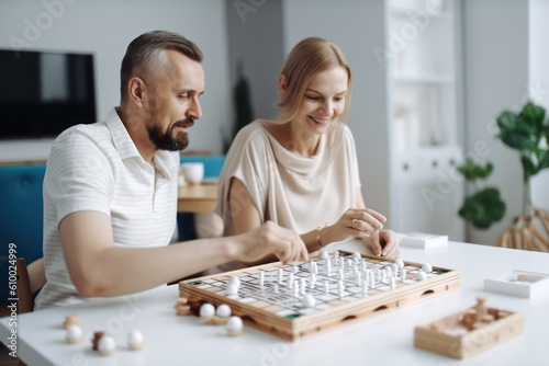 A middle-aged couple is playing a board game in the living room. Photorealistic illustration generative AI.