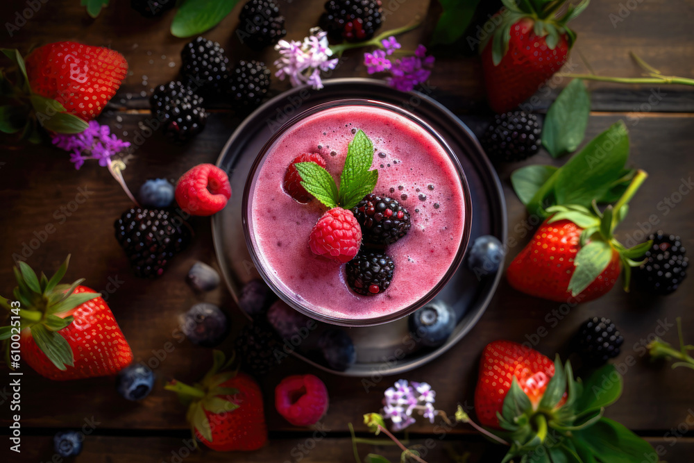 composition of a glass of berry smoothie on a wooden table with a mix berries. top view, Generative AI composition of a glass of berry smoothie on a wooden table with a mix berries. top view, Generative AI