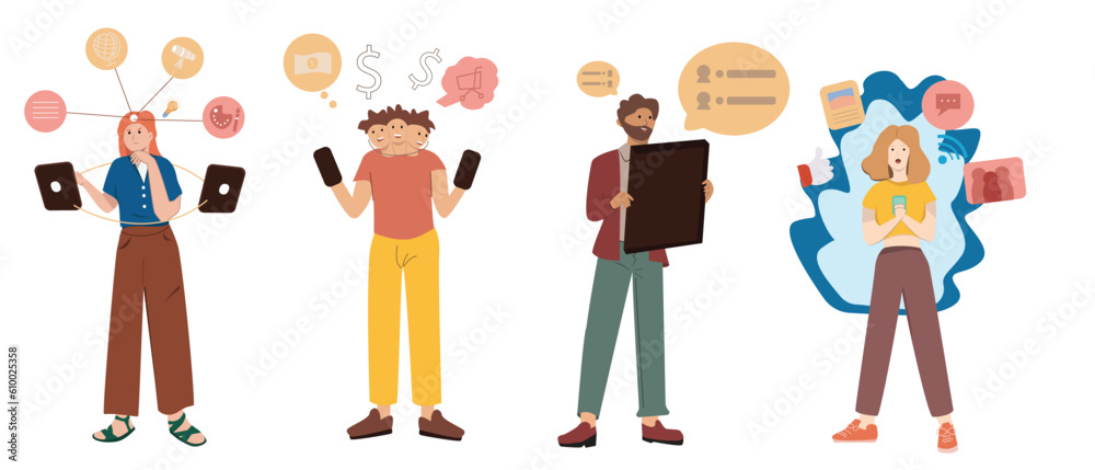 Women, men using mobile cell phones, laptop, tablet computer in city. Smiling persons surfing on Internet, communicating online. Gadget addiction, communication technology flat vector illustration