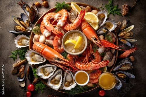 Fototapeta Naklejka Na Ścianę i Meble -  stock photo of A plateau de fruits de mer is a seafood Food Photography AI Generated