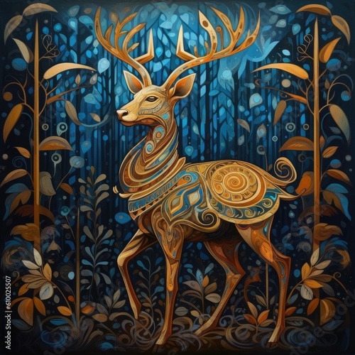 a deer standing in the forest with large antlers Generative Ai © fastidiouspalate