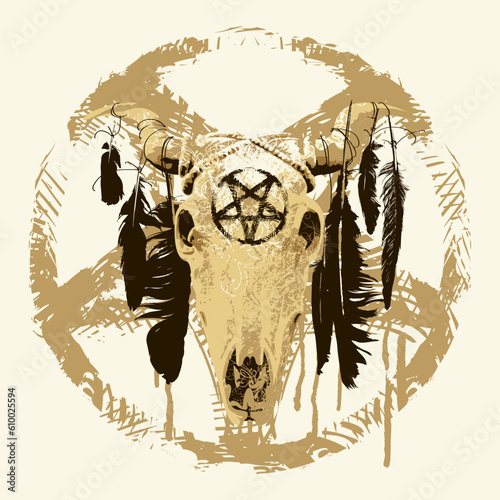 ethnic indian, american or mexican bull or cow skull with feathers on horns on the background of an inverted pentagram. vector illustration, logo or symbol. poster, card, invitation design
