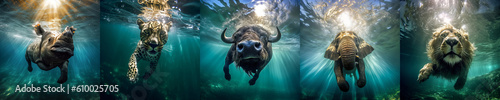 African animals big five underwater swim,