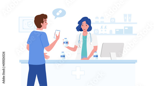 Pharmacist and client in counter at pharmacy drug store. Medicine healthcare professional concept vector flat illustration.