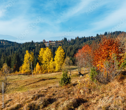 Morning autumn slopes (with colorful trees) of Carpathian Mountains (Yablunytskyj Pass, Ivano-Frankivsk oblast, Ukraine).