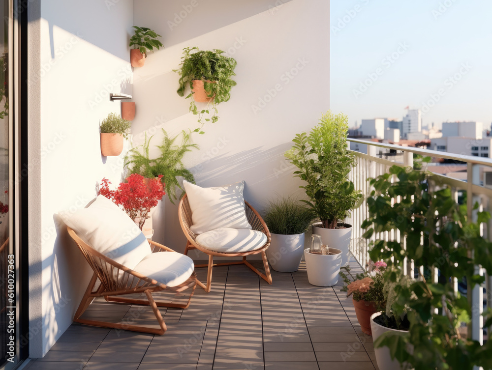 Cozy, minimalistic, modern balcony ideas. Comfortable seatings with plants. - obrazy, fototapety, plakaty 