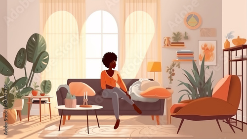 young woman relaxing at home panoramic illustration. African american girl resting in her room.