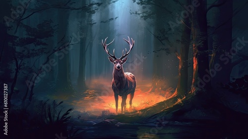 Majestic Deer Amidst Forest and Trees  with Impressive Antlers Generative Ai