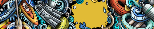 Water sports hand drawn doodle banner. Cartoon vector detailed flyer.