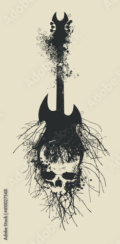 Vector sign illustration with an electric guitar and human skull and tree roots with splashes and curls in grunge style